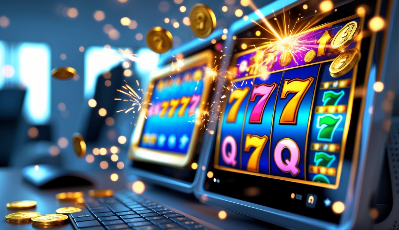 Layar komputer atau ponsel menampilkan permainan slot online dengan simbol berwarna cerah dan efek cahaya yang menandakan jackpot besar.