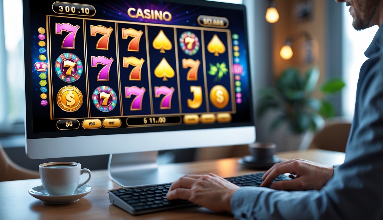 Seseorang bermain game slot online di komputer dengan tampilan grafis warna-warni di layar dalam suasana ruangan yang nyaman.