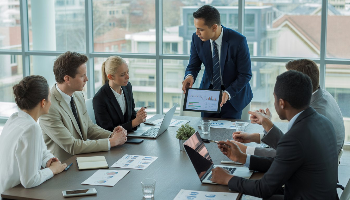 A group of business professionals meeting around a table with laptops and documents, discussing real estate investment portfolios in an office with city buildings visible through large windows.