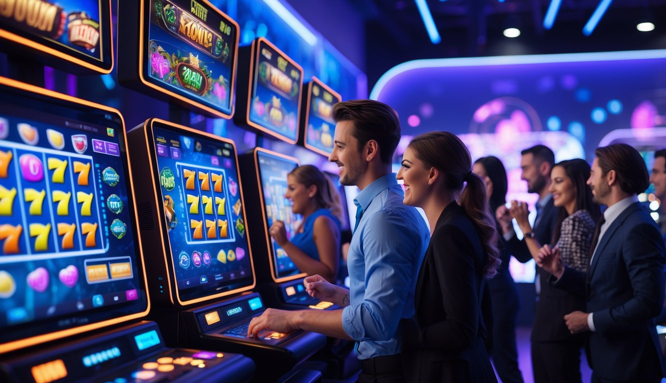 Orang-orang yang sedang bermain mesin slot online di sebuah ruangan modern dengan layar komputer besar yang menampilkan permainan slot berwarna-warni.