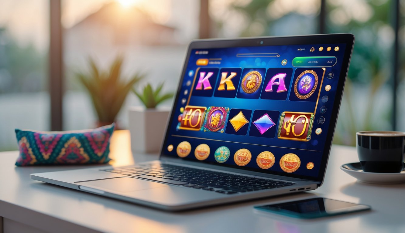 Laptop menampilkan permainan slot online dengan latar belakang elemen budaya Indonesia di atas meja.