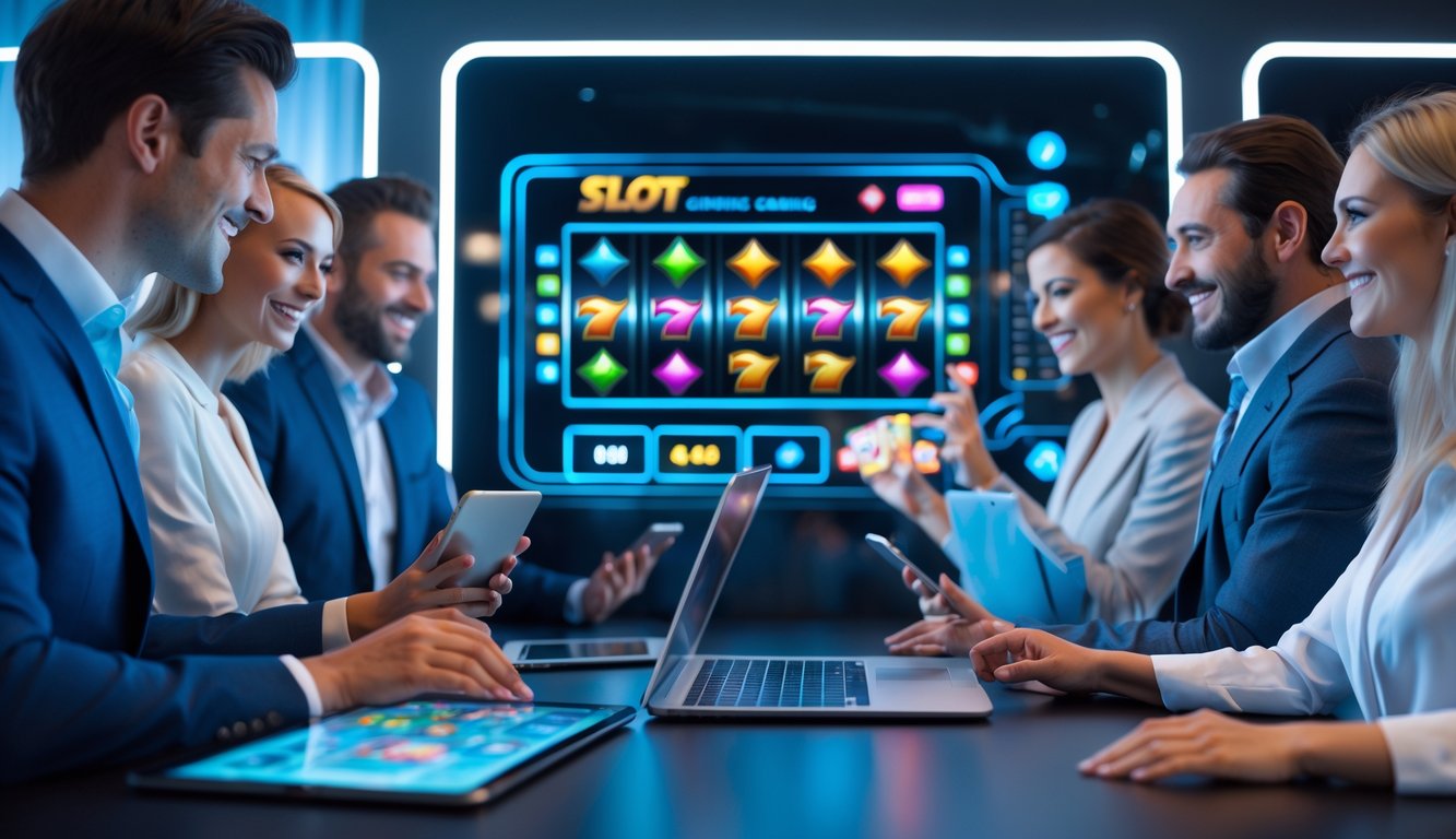 Orang-orang menggunakan perangkat digital untuk bermain mesin slot online dengan latar belakang teknologi modern.