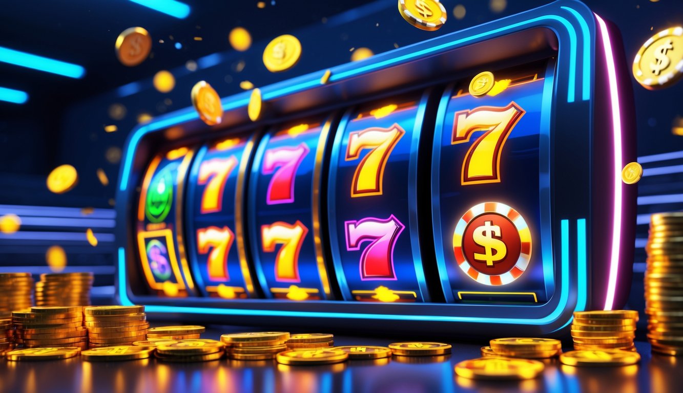 Tampilan antarmuka mesin slot online dengan koin emas dan chip kasino berwarna-warni yang berjatuhan, menunjukkan suasana kemenangan dan kegembiraan.