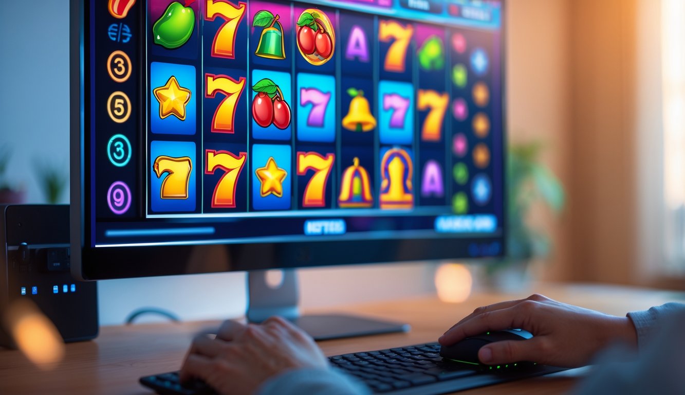 Seseorang sedang bermain permainan slot online di komputer dengan layar menampilkan gulungan mesin slot yang berwarna-warni.