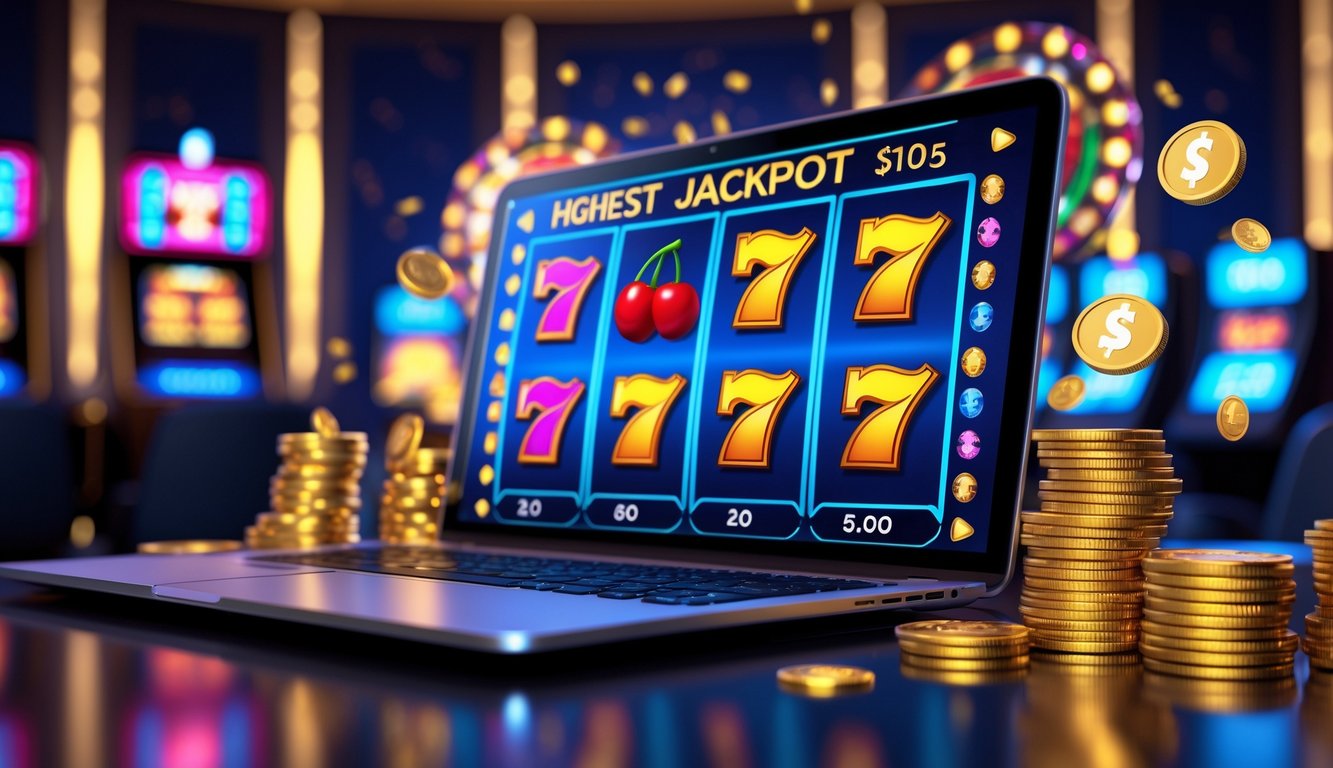 Layar komputer menampilkan mesin slot online dengan simbol berwarna cerah dan angka jackpot besar, di latar belakang suasana kasino modern yang gelap dengan pencahayaan lembut.