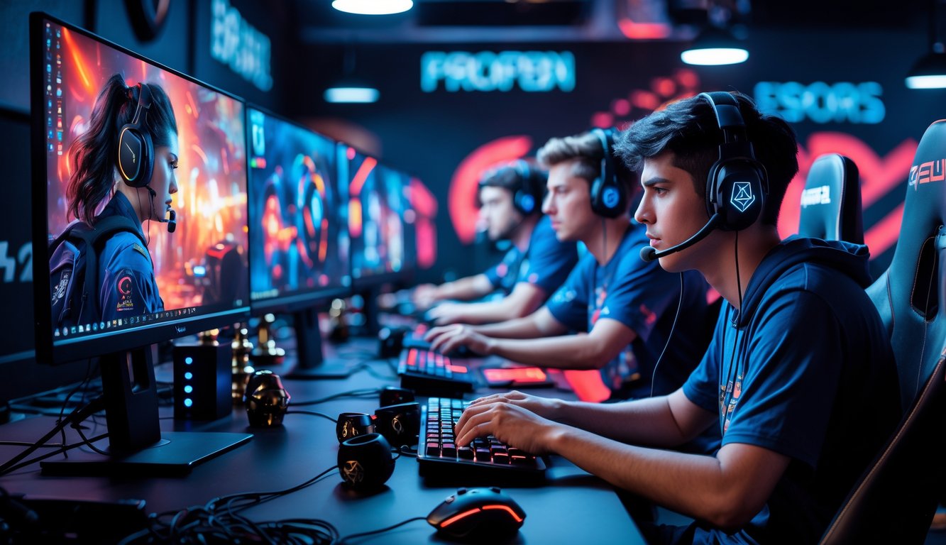 Sejumlah orang muda sedang bermain game esports di ruangan dengan peralatan komputer modern dan pencahayaan warna-warni.