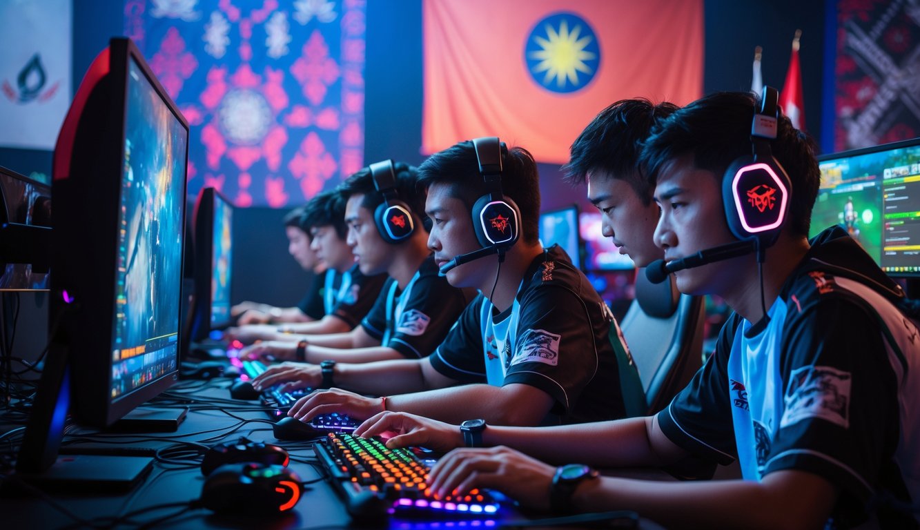 Sekelompok orang muda bermain video game bersama di sebuah ruangan esports modern dengan komputer dan monitor besar.