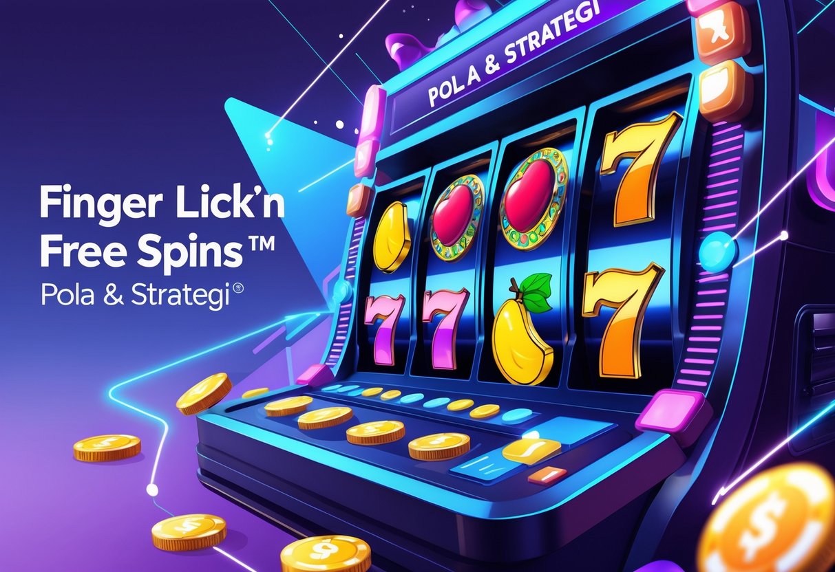 Ilustrasi mesin slot dengan gulungan berwarna-warni dan pola strategis di latar belakang yang menggambarkan strategi dan pola dalam permainan slot.