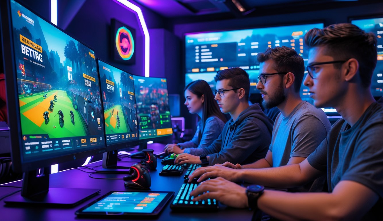 Sekelompok orang muda sedang fokus bermain dan bertaruh pada pertandingan esports di ruangan gaming yang modern.