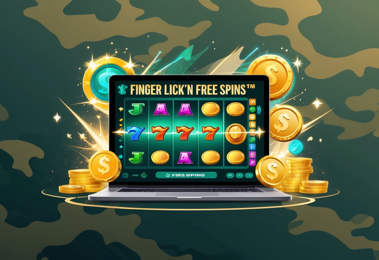 Ilustrasi profesional yang menampilkan suasana permainan slot online dengan layar komputer yang menunjukkan putaran gratis dan elemen kemenangan yang bersinar, dengan latar belakang pola kamuflase.