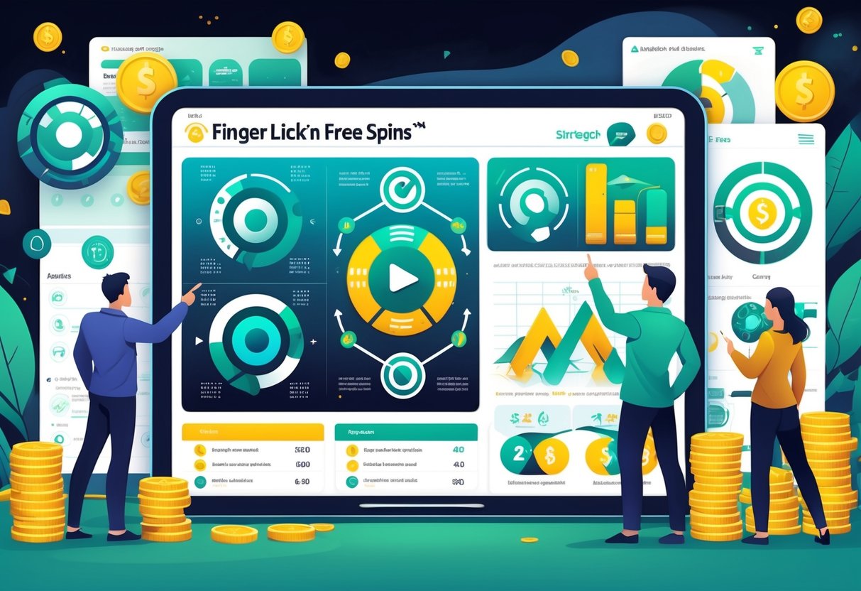 Ilustrasi profesional yang menampilkan orang-orang yang sedang menganalisis pola dan strategi permainan di layar digital dengan latar belakang simbol permainan seperti gulungan dan koin.