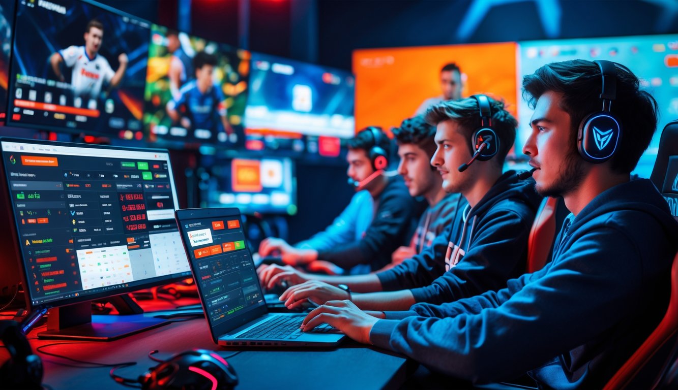 Sekelompok orang muda sedang fokus menggunakan komputer dan ponsel di ruang bermain game modern dengan layar menampilkan permainan esports dan taruhan langsung.