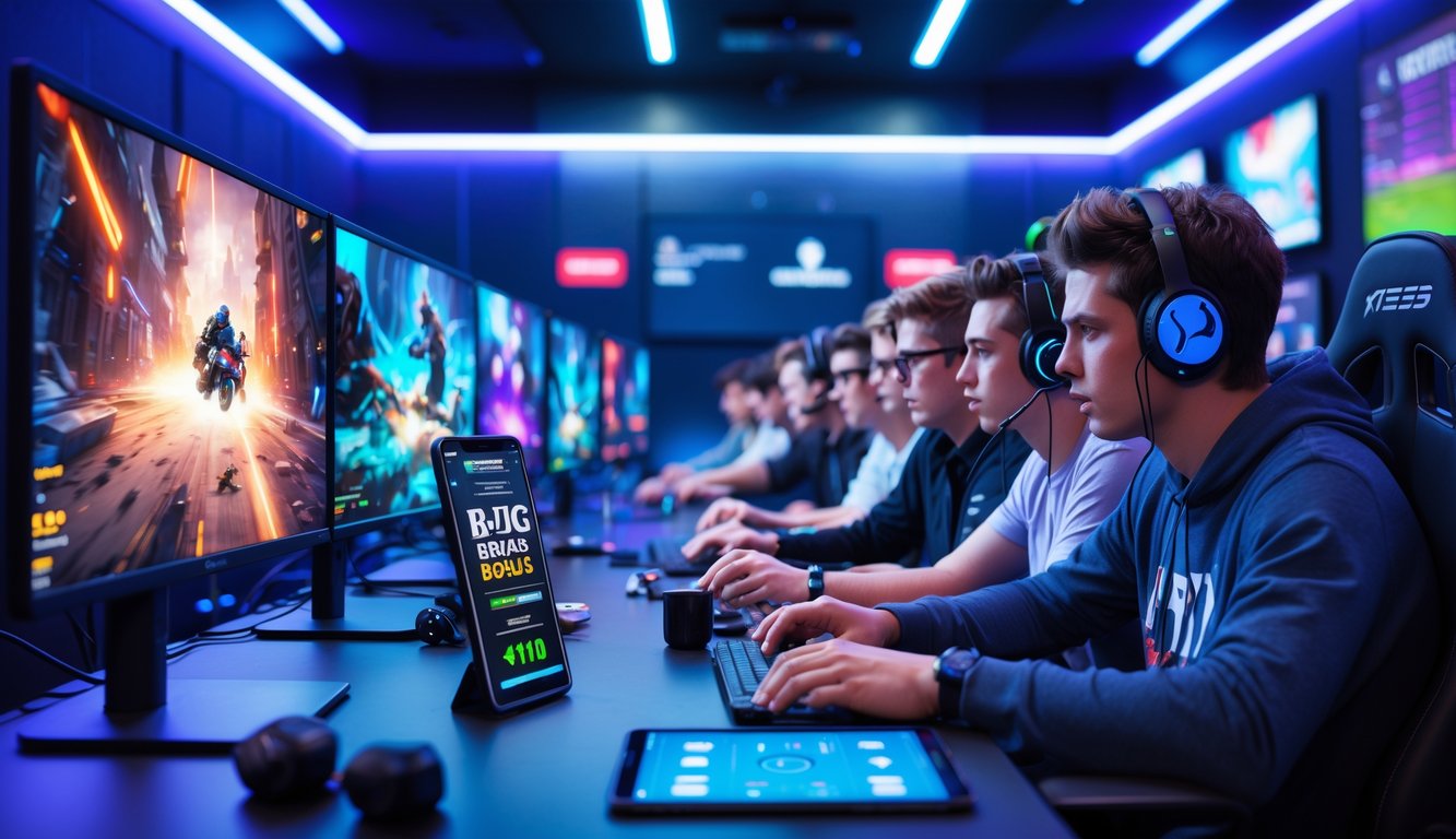 Sekelompok orang muda sedang bermain dan bertaruh pada permainan esports di sebuah ruangan dengan pencahayaan warna-warni dan perangkat teknologi modern.