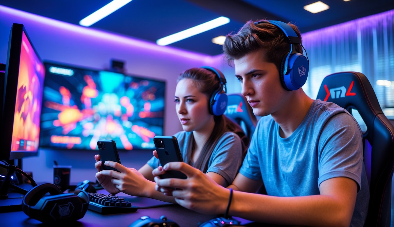 Dua orang muda sedang bermain game esports di ponsel di sebuah ruangan gaming dengan pencahayaan biru dan ungu.