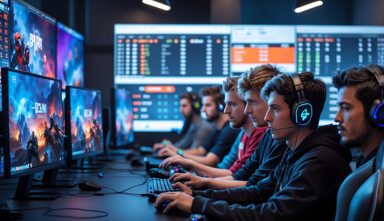 Sekelompok orang muda menggunakan komputer dengan layar yang menampilkan permainan esports dan data taruhan.