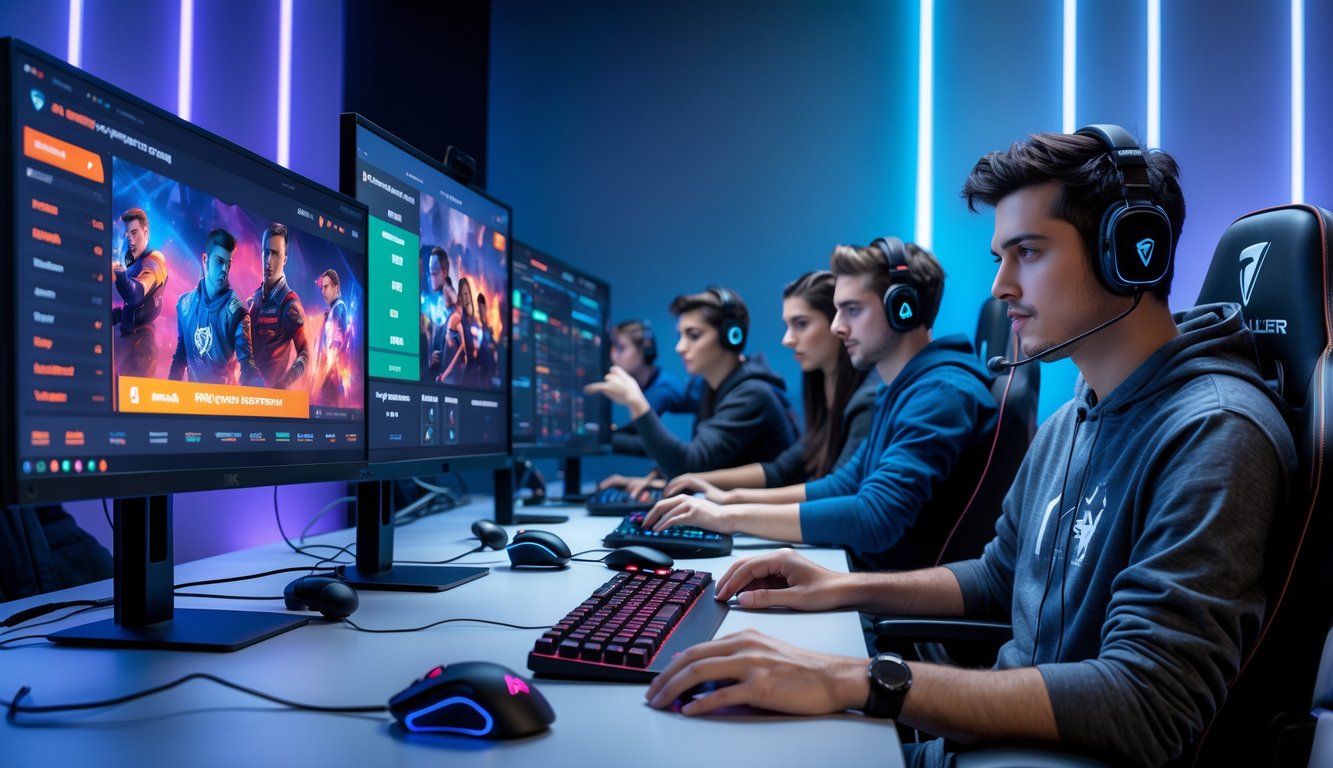 Sejumlah orang muda bermain dan berdiskusi di ruang game esports dengan monitor dan peralatan gaming modern.