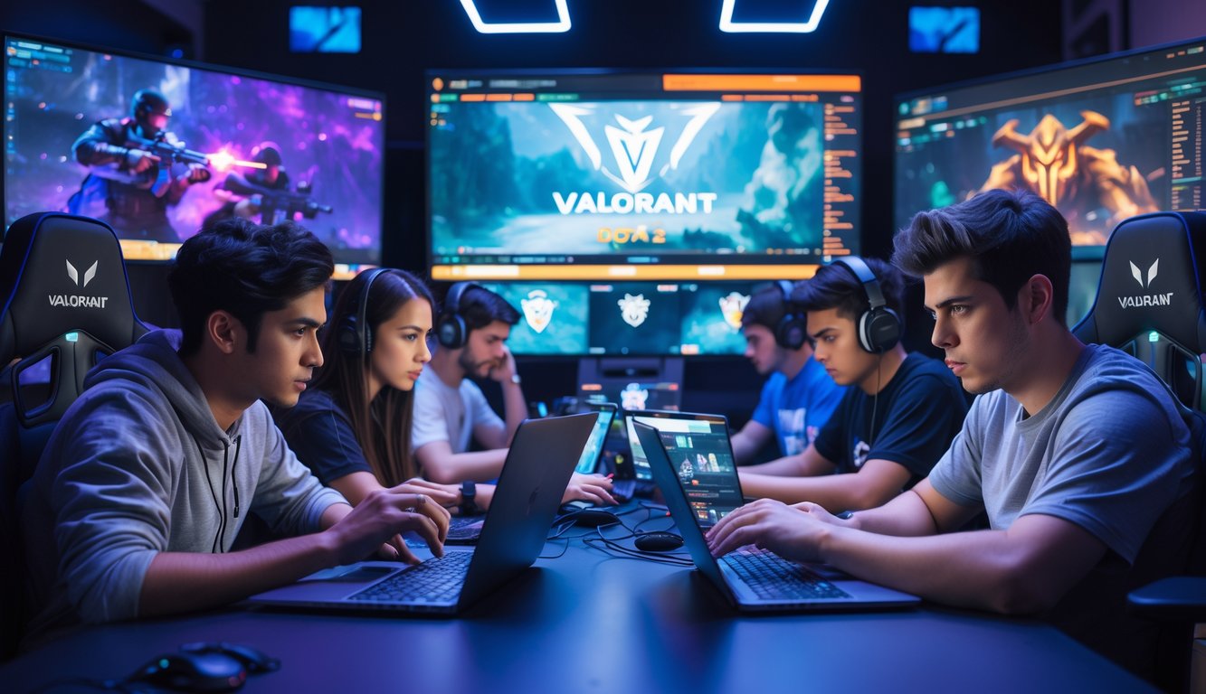 Sekelompok orang muda sedang fokus melihat pertandingan esports Valorant dan Dota 2 di layar komputer dan ponsel dalam suasana kompetitif.
