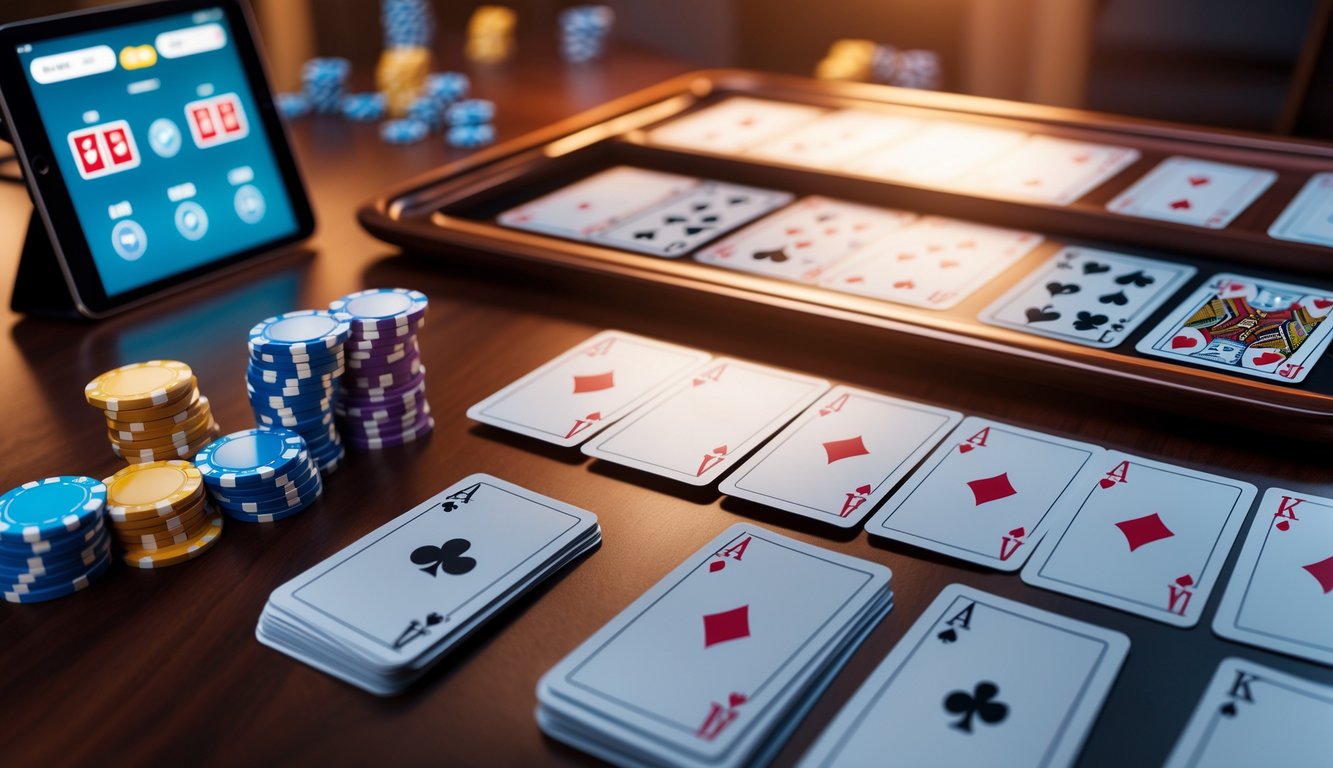 Meja permainan dengan kartu Capsa Susun tersusun rapi dan tumpukan chip warna-warni dalam suasana yang nyaman dan profesional.