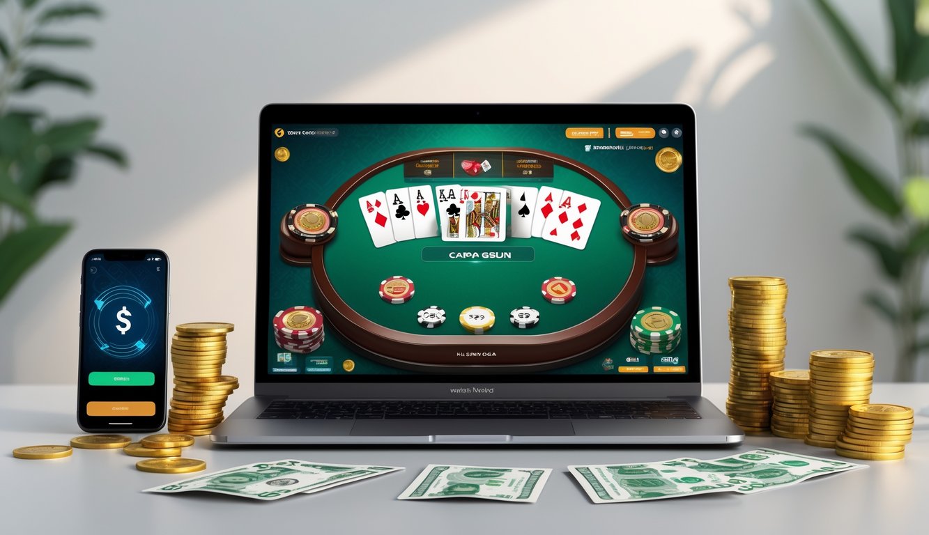 Sebuah meja kerja dengan laptop yang menampilkan permainan kartu Capsa Susun online, uang rupiah, dan ponsel untuk pembayaran digital.
