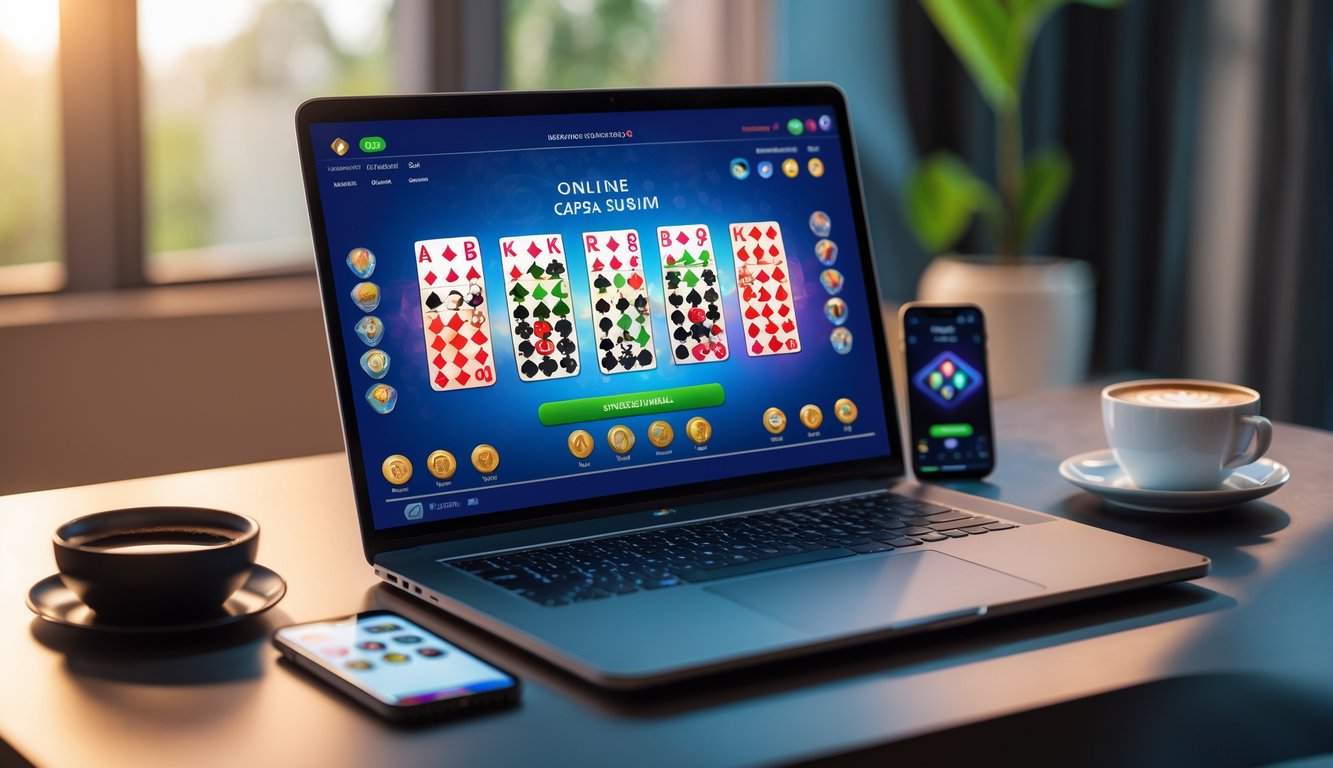 Sebuah laptop menampilkan permainan Capsa Susun online dengan kartu bermain berwarna-warni di layar, dikelilingi oleh smartphone dan cangkir kopi di meja kerja yang nyaman.