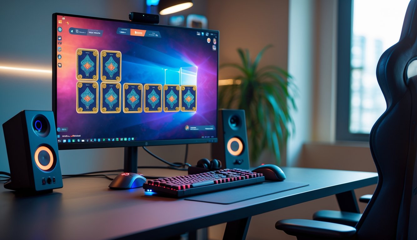 Setup permainan kartu Capsa Susun online dengan komputer dan aksesori gaming di meja kerja.