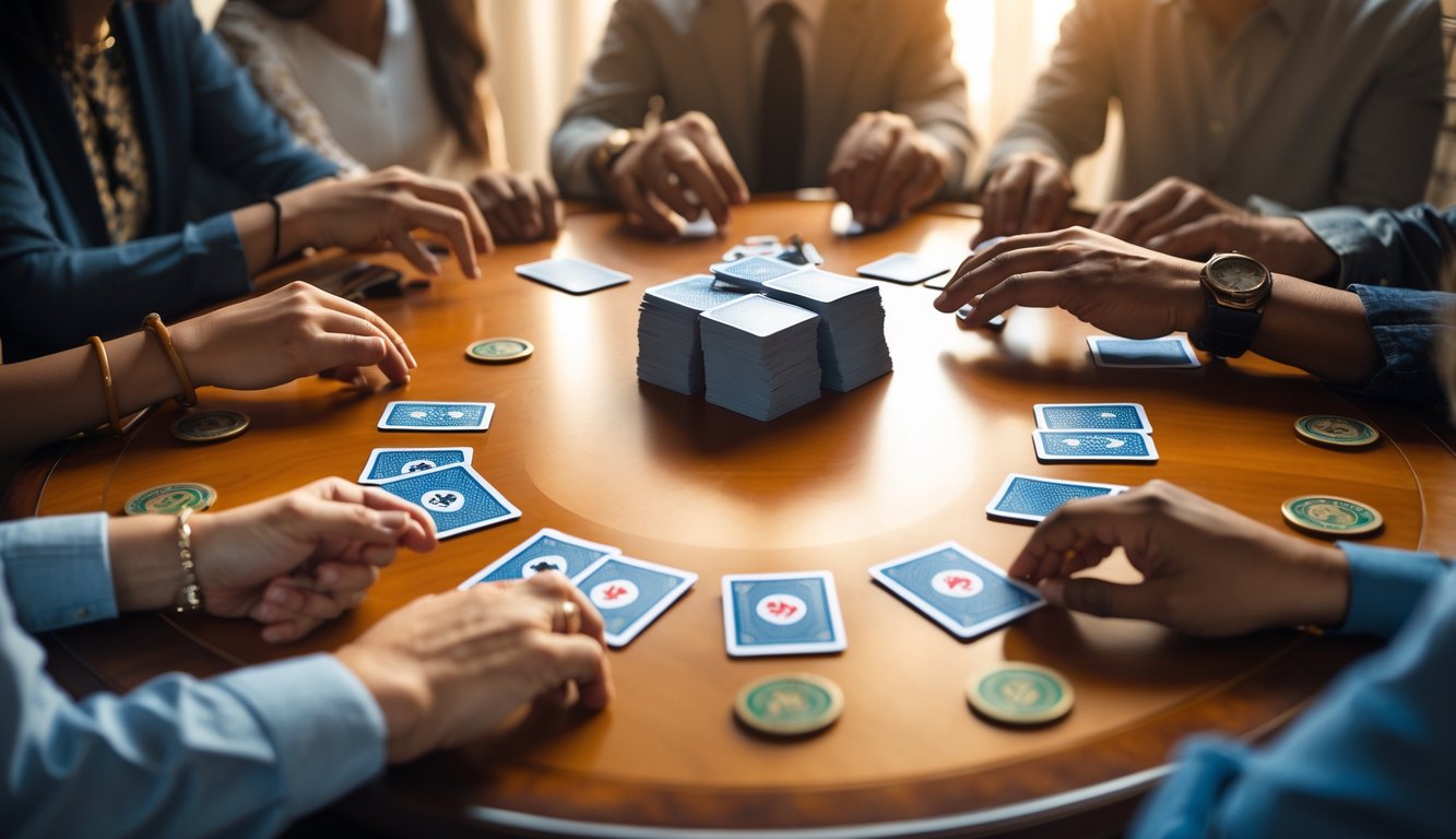 Meja kayu dengan kartu Capsa Susun tersusun rapi dan tangan pemain yang sedang bermain.