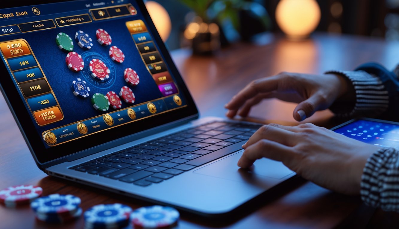 Seseorang bermain Capsa Susun di perangkat digital dengan kartu dan chip poker di atas meja.