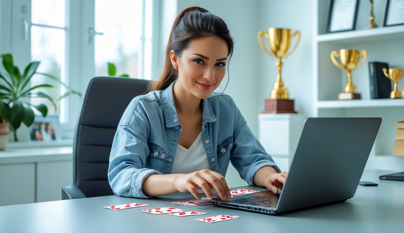 Seorang wanita muda duduk di meja modern sambil bermain permainan kartu di laptop dengan ekspresi fokus dan percaya diri.