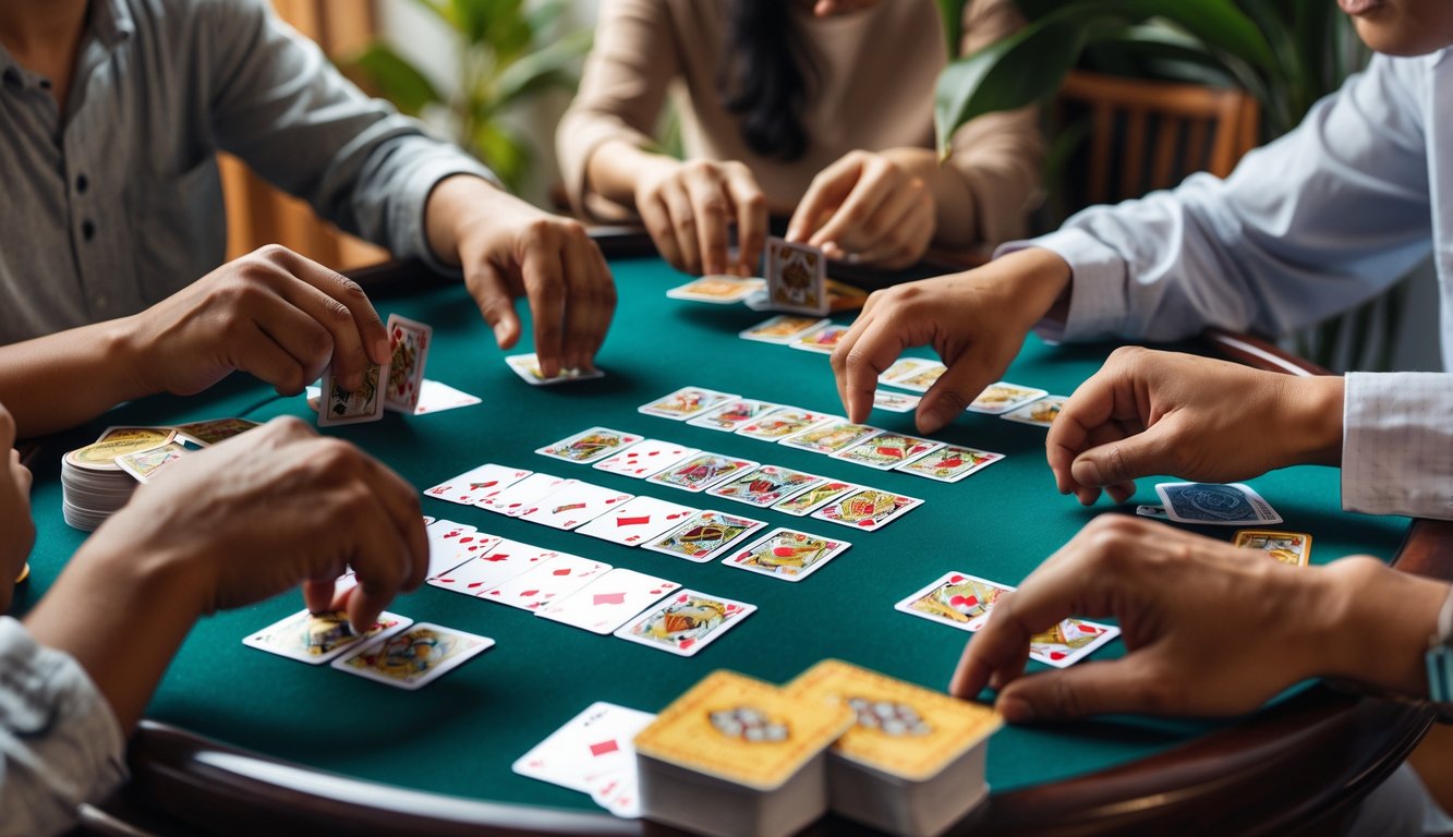 Meja dengan tumpukan kartu Capsa Susun dan beberapa tangan pemain yang sedang bermain kartu.