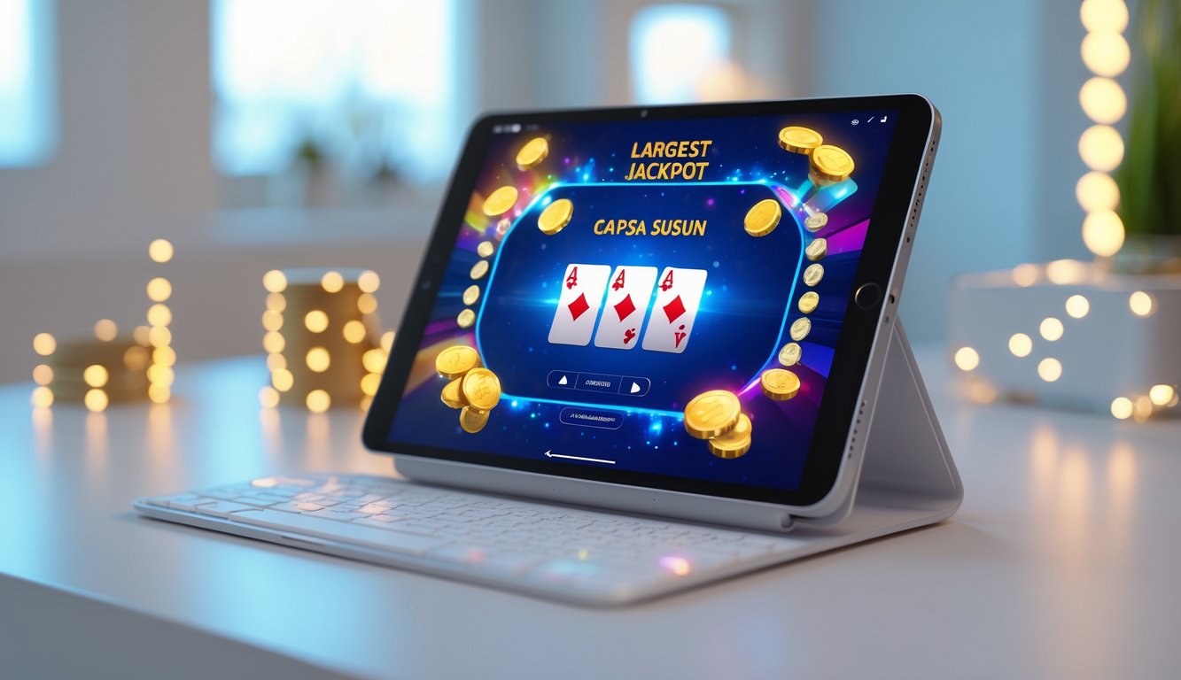 Tampilan perangkat digital yang menampilkan permainan Capsa Susun dengan kartu yang tersusun rapi dan elemen jackpot seperti koin dan tumpukan chip di latar belakang.
