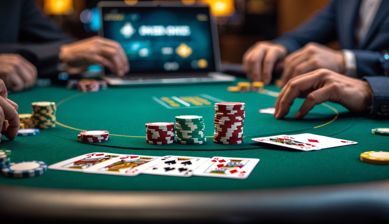 Meja poker dengan tumpukan chip dan kartu, serta perangkat elektronik yang menunjukkan permainan poker online.