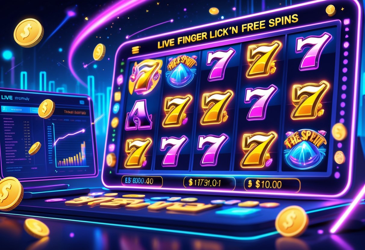 Ilustrasi suasana permainan slot online dengan gulungan berputar dan grafik data kemenangan di latar belakang.