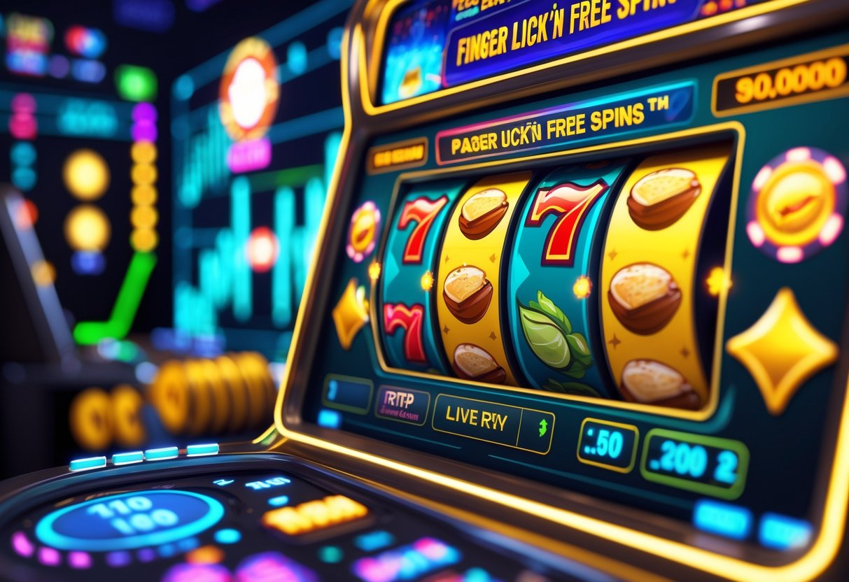 Ilustrasi mesin slot dengan simbol makanan dan grafik data kemenangan yang menunjukkan pola dan statistik secara langsung.