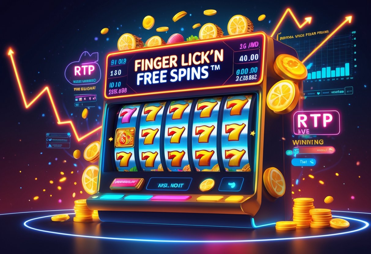 Ilustrasi mesin slot dengan simbol makanan berwarna-warni, grafik data dan pola kemenangan yang dinamis, menggambarkan fitur putaran gratis dan data kemenangan secara real-time.