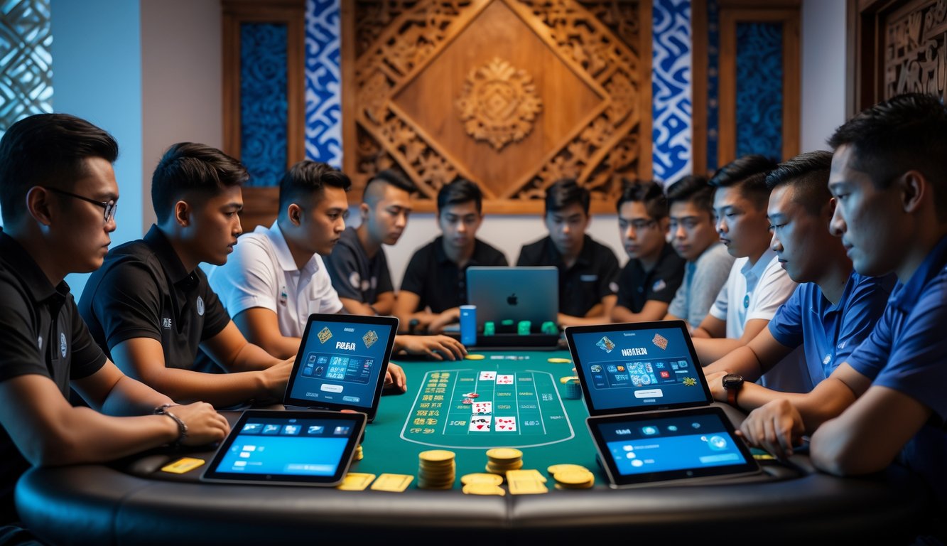 Sekelompok pemain poker online sedang bermain dengan perangkat digital di meja poker modern dengan latar belakang elemen budaya Indonesia.