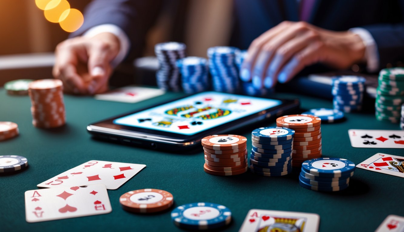 Meja poker dengan tumpukan chip dan kartu bermain serta perangkat digital yang menunjukkan pembayaran online.
