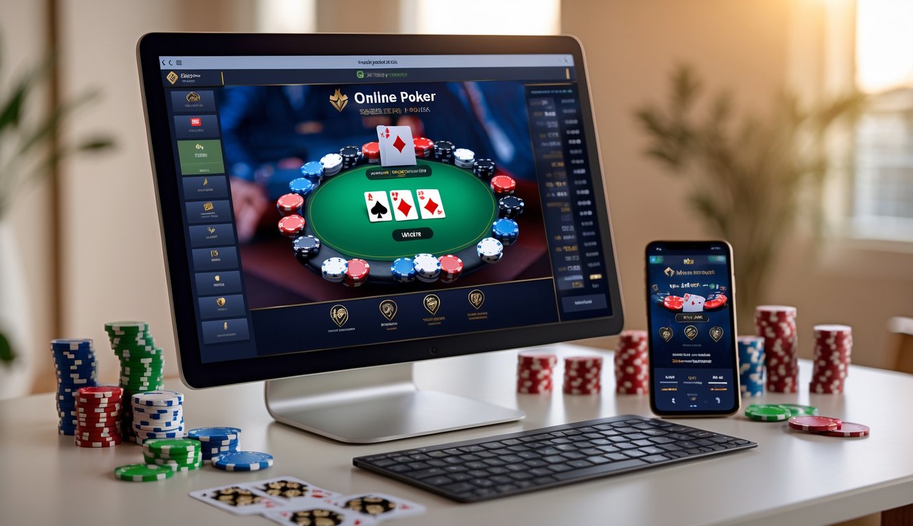 Sebuah meja dengan komputer menampilkan permainan poker online, chip poker, kartu remi, dan ponsel yang menunjukkan aplikasi poker.
