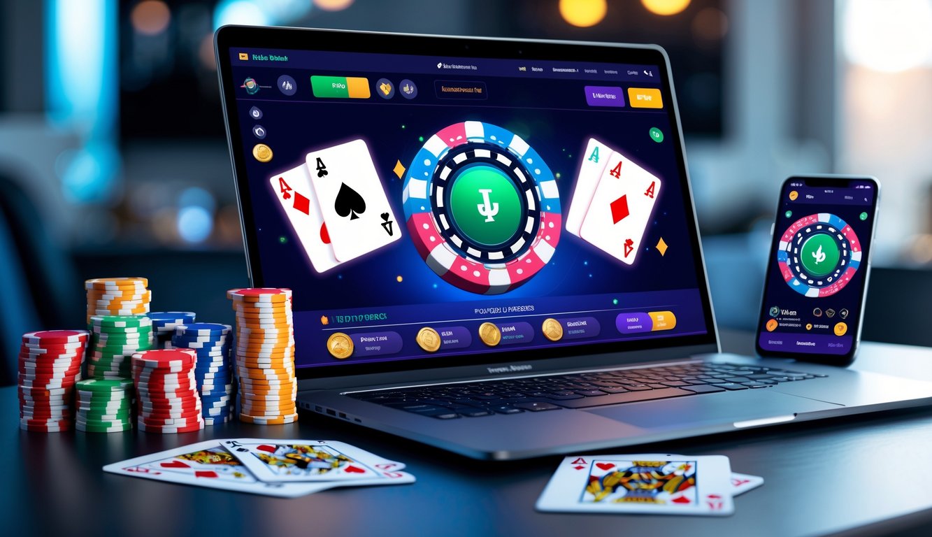 Seseorang bermain poker online dengan laptop dan chip poker di atas meja.