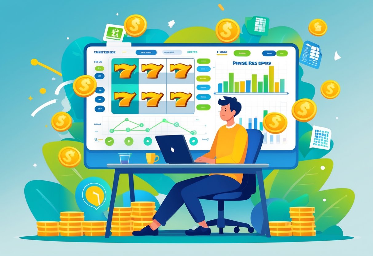 Seseorang duduk di meja dengan laptop, dikelilingi oleh simbol mesin slot berputar, koin, dan ikon strategi permainan.