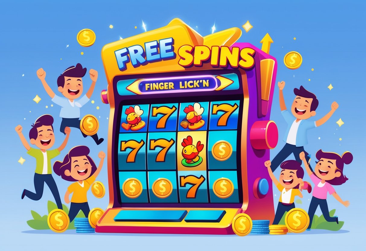 Ilustrasi mesin slot dengan ikon ayam goreng dan koin, dikelilingi karakter yang merayakan kemenangan dengan latar belakang grafik panah naik dan efek berkilau.