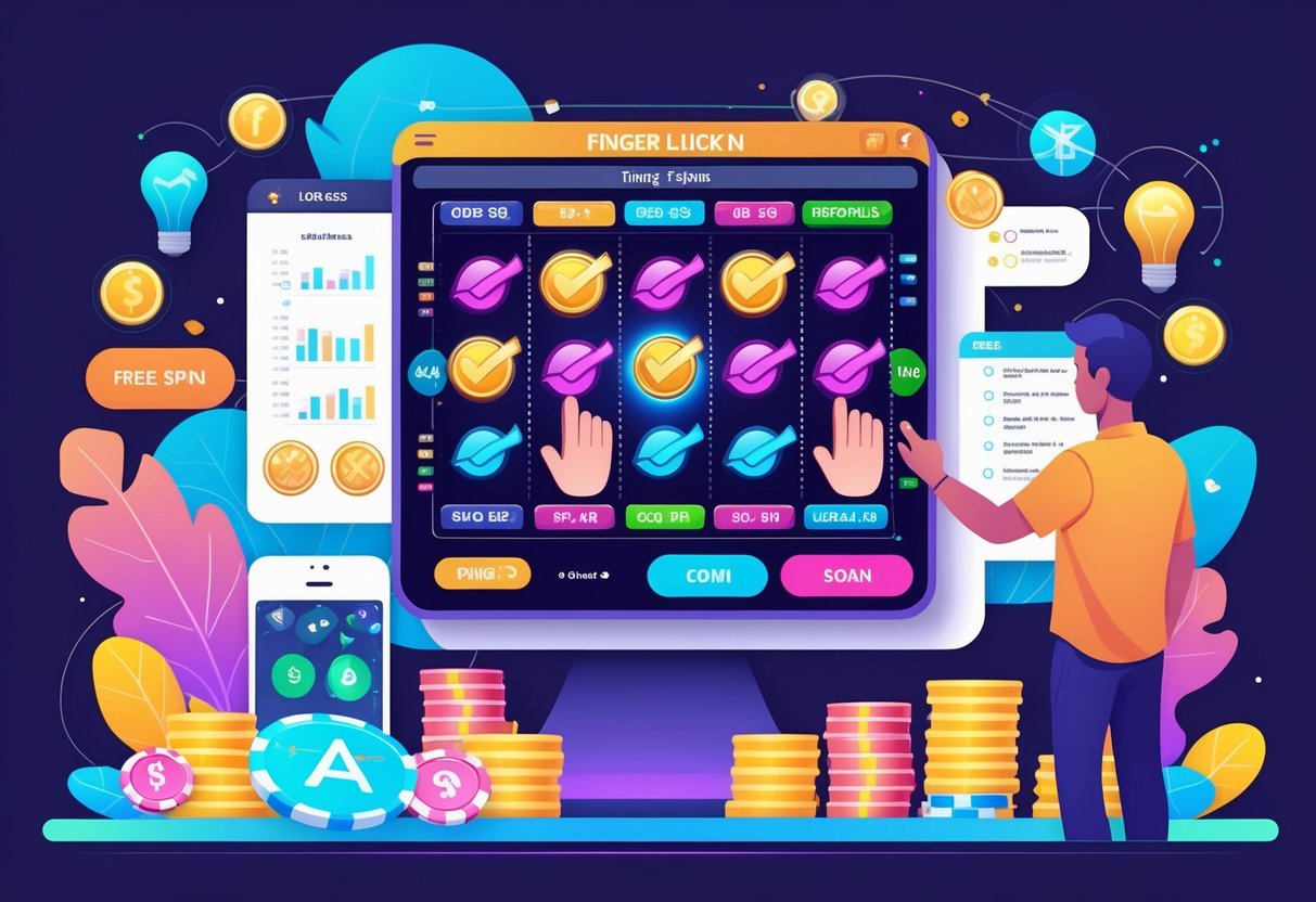 Seseorang sedang menggunakan layar sentuh dengan tampilan mesin slot dan ikon jari, dikelilingi oleh simbol strategi seperti grafik dan daftar periksa.