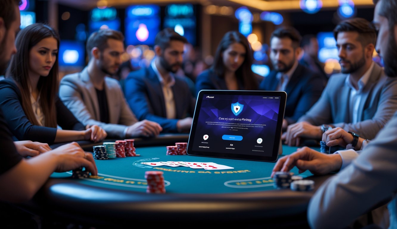 Meja poker dengan chip dan kartu, pemain fokus bermain, serta tablet menampilkan situs poker online yang aman.