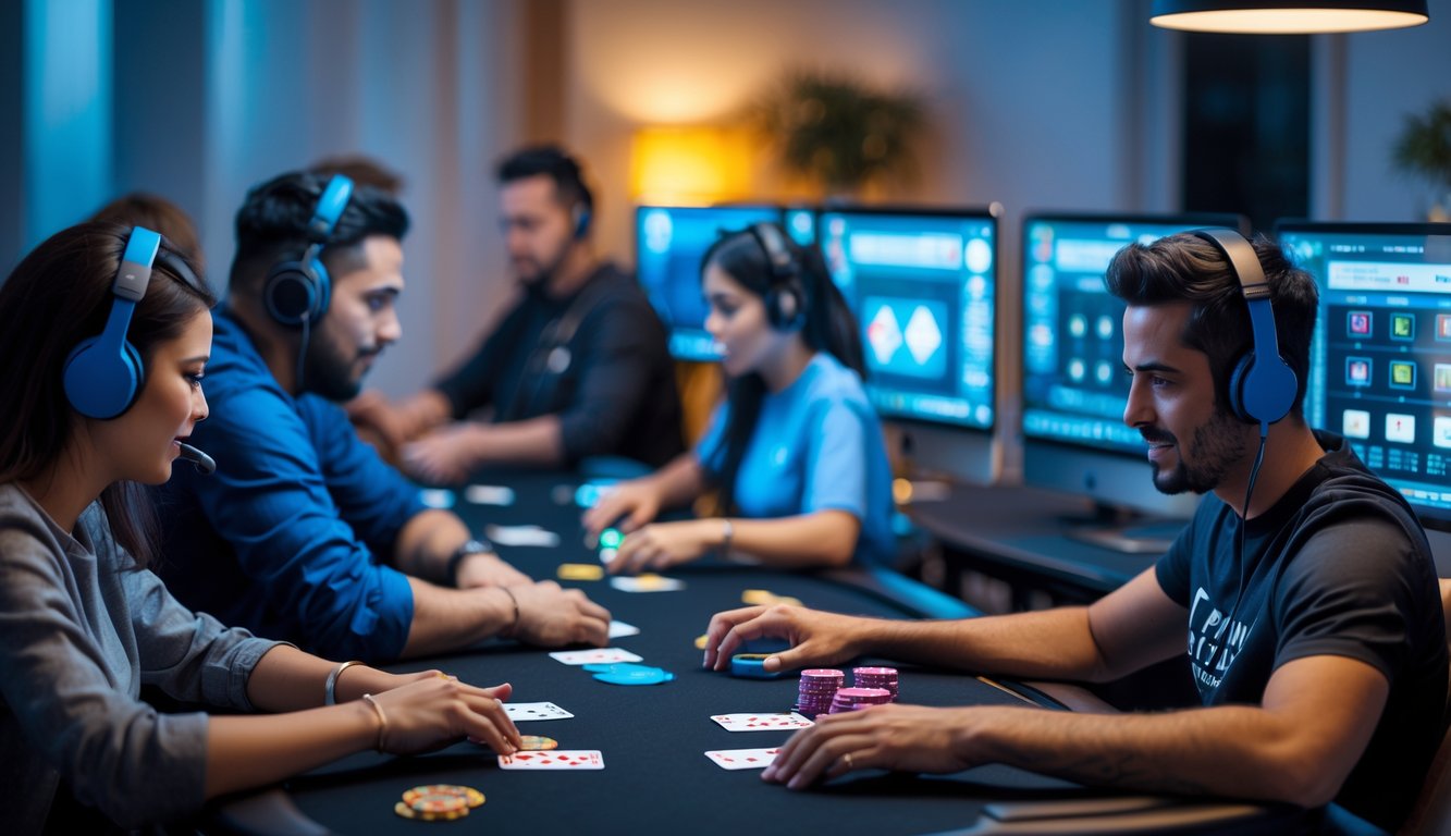 Beberapa orang sedang bermain poker online di depan komputer dalam ruangan dengan pencahayaan lembut.