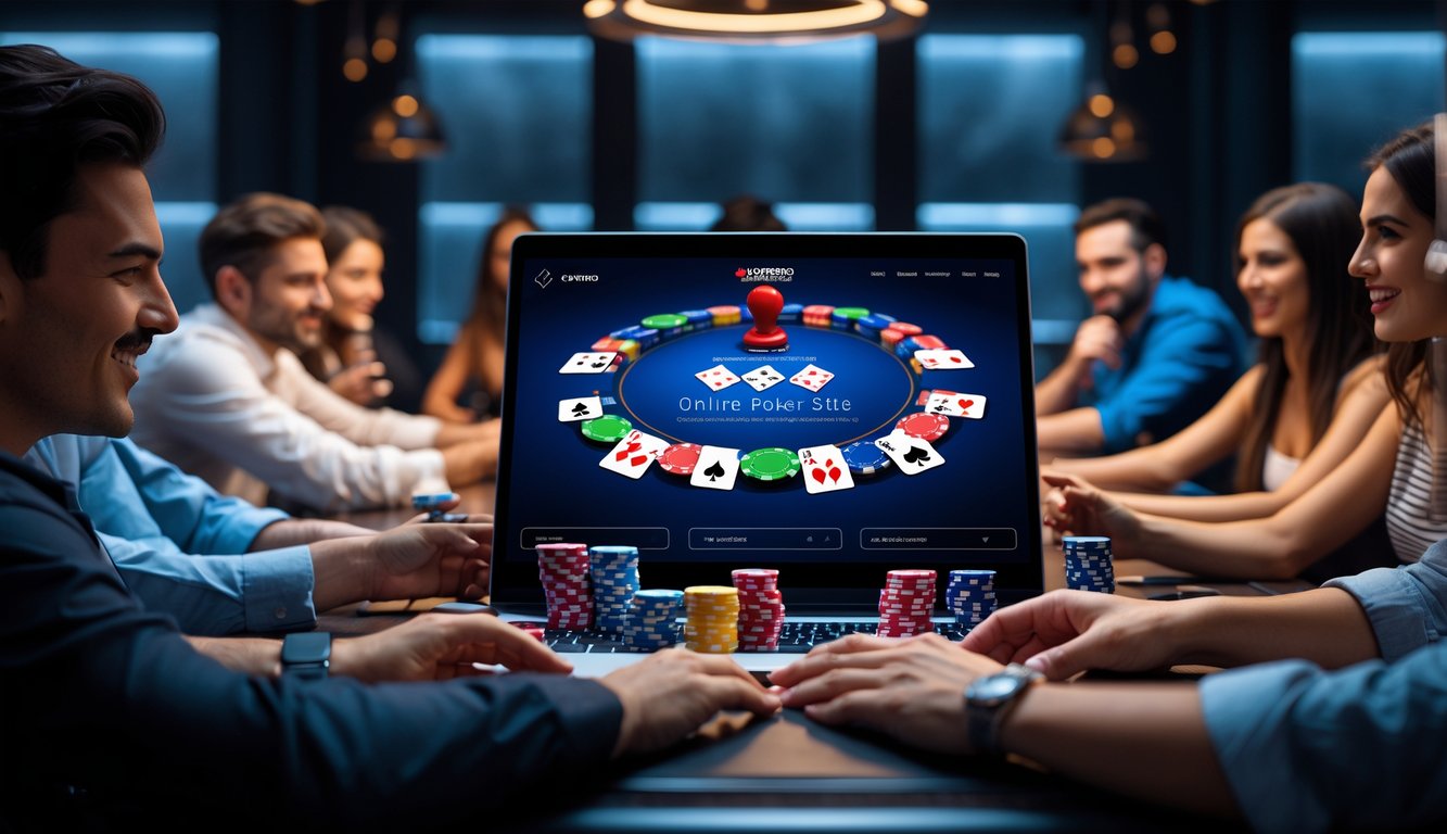 Orang-orang bermain poker online di depan komputer dengan chip poker dan kartu di meja digital.
