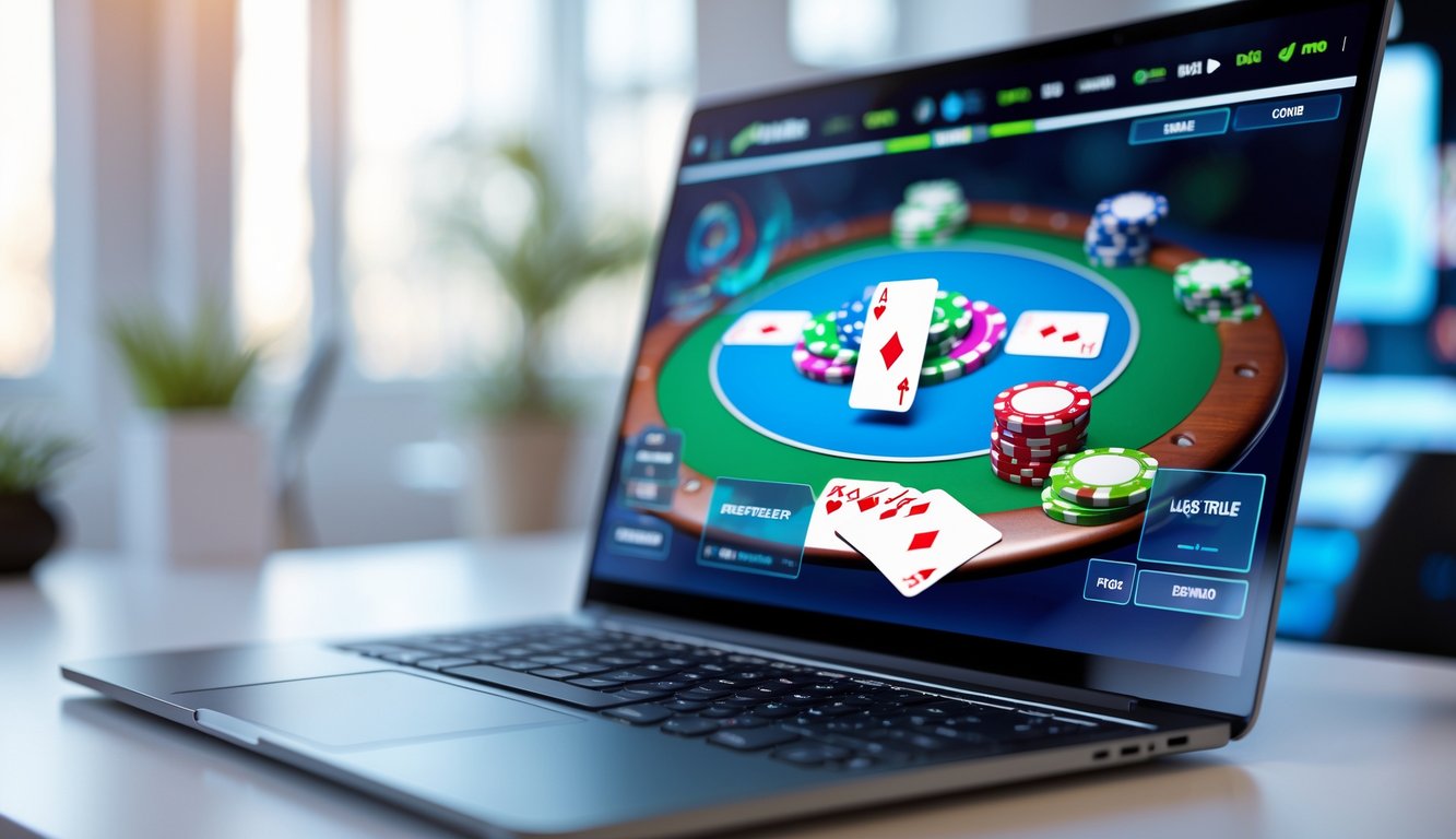 Seorang pemain poker online menggunakan laptop dengan tampilan permainan poker di layar di ruang kerja modern.