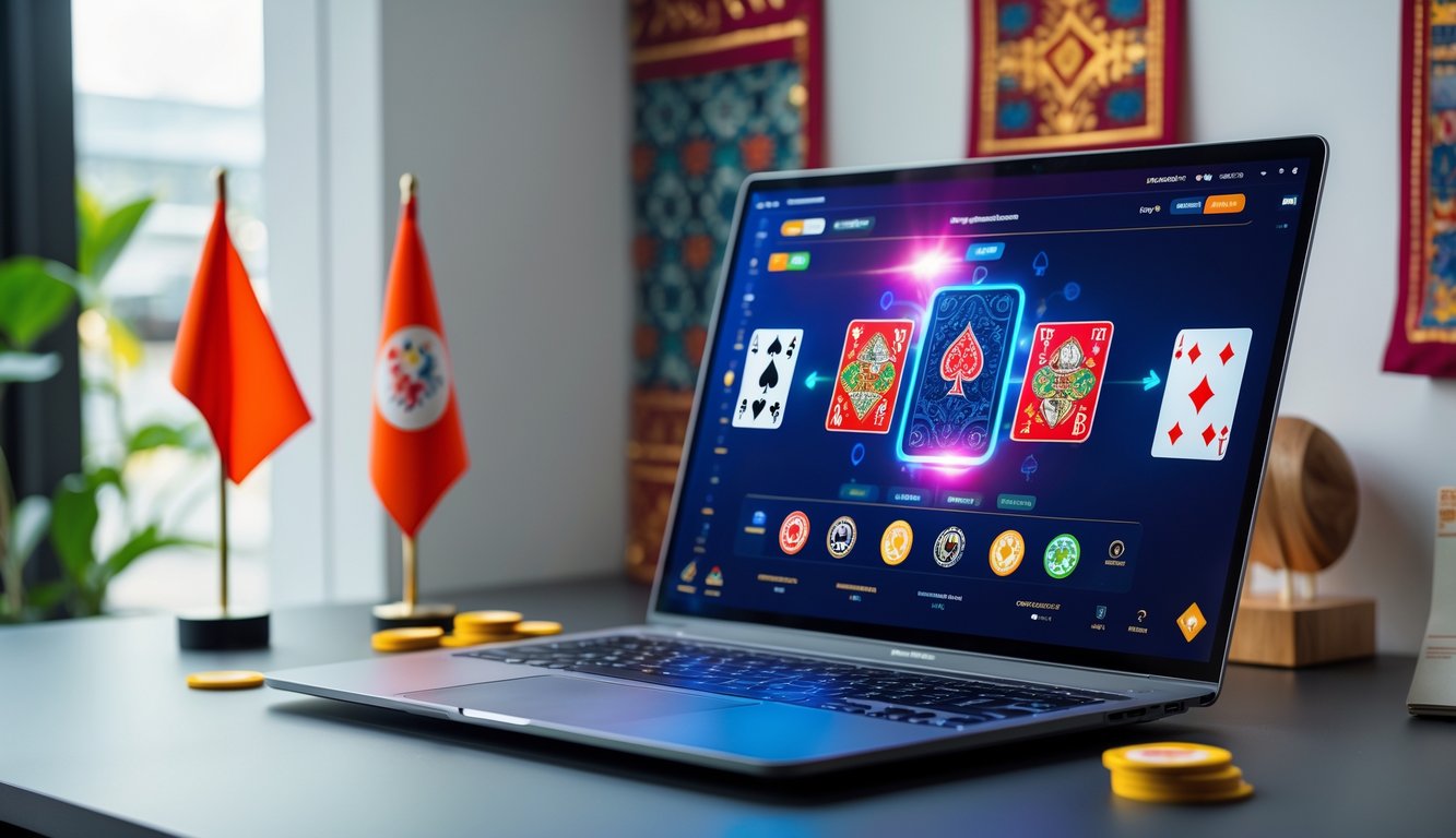 Seseorang sedang bermain poker online di depan komputer dengan latar belakang elemen budaya Indonesia.