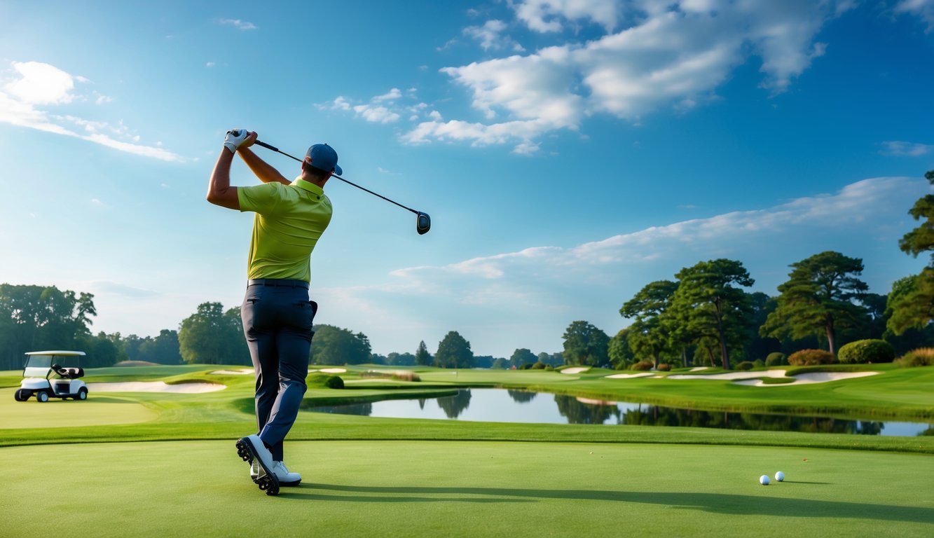 Seorang pegolf sedang melakukan ayunan di lapangan golf yang hijau dan terawat dengan langit cerah di latar belakang.