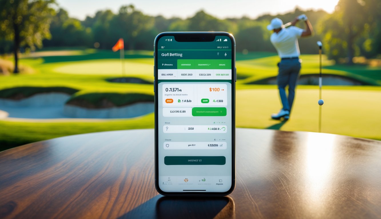 Pemandangan lapangan golf dengan seorang pegolf sedang mengayunkan tongkat golf dan smartphone yang menampilkan aplikasi taruhan golf di atas meja kayu.