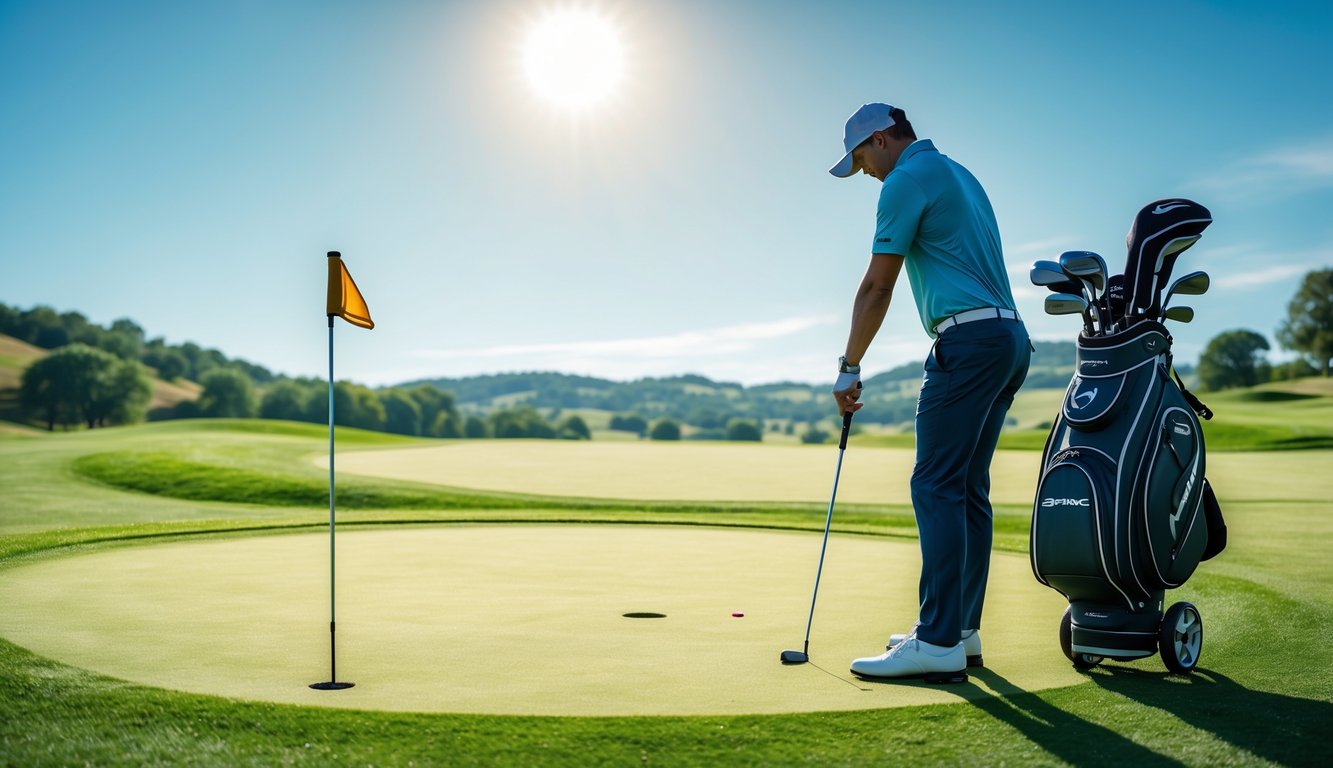 Seorang pegolf sedang bersiap untuk memukul bola di lapangan golf yang hijau dan cerah dengan latar belakang pepohonan dan langit biru.
