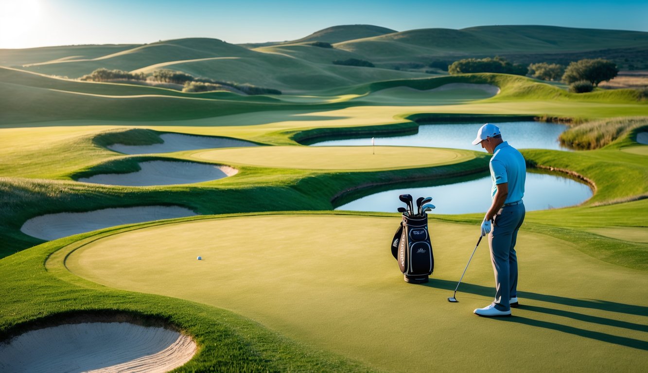 Seorang pegolf sedang bersiap mengambil pukulan di lapangan golf hijau dengan peralatan golf dan pemandangan bukit serta danau kecil di latar belakang.